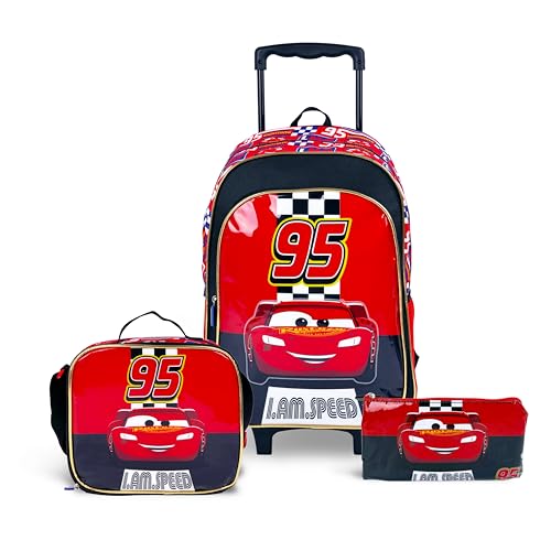 TRUCARE Disney Cars 16 Inch Kids 3-in-1 Trolley School Bag Set - Ergonomic Backpack, Insulated Lunch Bag & Pencil Case,Lightweight, Durable, Students 6+ - Perfect for Travel & School,For Boys