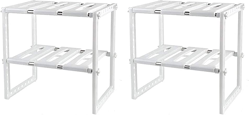 SKY-TOUCH Expandable Under Sink Storage 2 Tiers, Kitchen Adjustable Storage Organizer Rack, White
