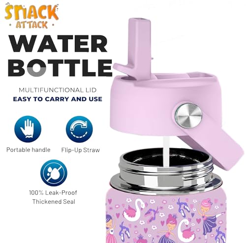 Snack Attack SA Kids Water Bottle for School Insulated water bottle with Straw Lid, Kids water bottle stainless steel, Double Wall, Baby water bottle, Steel water bottle (Lialc Ballerina)