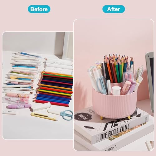Ybaier 360 Degree Rotating Pen Holder, 5 Slots Pencil Organizer Desk Organizers and Accessories, Cute Pink Pen Holder for Desk, Pen Organizer Storage for Office School Home