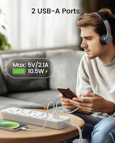 LENCENT Extension Lead with USB Slots, 3 Way Sockets Outlet Power Strips with 2 USB Ports, Universal Plug Adapter with 2M Extension Cord, Charging Station for Home, Office, Individually Switched