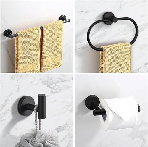 Sagreeny 7 PCS Bathroom Hardware Set, Matte Black Stainless Steel Bathroom Tower Rack Set Wall Mounted Includes 16" Towel Bar, Toilet Towel Paper Holder, Towel Ring, 4 Robe Towel Hooks