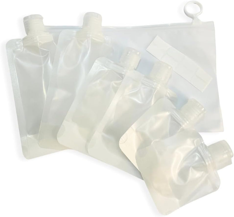6 Portable Refillable Travel Pouches for Toiletries shampoo Liquid lotion Dispenser- Leakproof Fit in Purse Cosmetics Organizer mini bottles, Travel Organizer Bottles for Liquid Storage with Lables