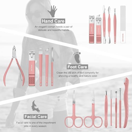 ChicAbode Manicure Set, Professional Pedicure Kit, Nail Clippers Kit, 18 Pcs Nail Care Tools, Grooming Kit, with Luxurious Upgraded Travel Case(Pink)