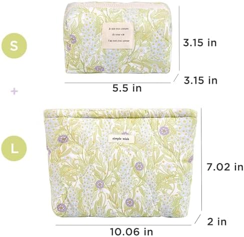 Azonee 2 Pcs Floral Makeup Bag Large Travel, Cotton Quilted Cosmetic Makeup Bag Organizer, Cute Coquette Aesthetic Zipper Portable Pouch Purse Toiletry Bag for Skincare Cosmetics (Pink Floral flowers)