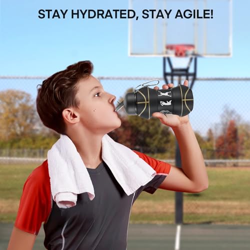 Kids Sports Collapsible Water Bottle for outdoor activities School, Sports, BPA-Free, Leakproof - 550ml/18.6oz, Basketball Black