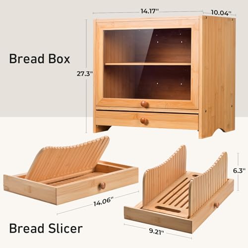 Bamboo Bread Box with Bread Slicer, Corner Bread Box for Kitchen Countertop, Bread Box for Homemade Bread with Window, Bamboo Bread Box for Kitchen Countertop, Pantry Counter Corner