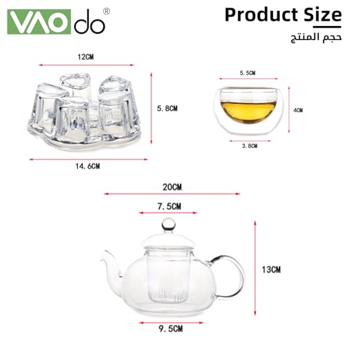 VAODO Glass Teapot Set, 8 Piece Glass Tea Set, 1 Teapot 600ml, 1 Heart Shape Candle Holder and 6 Cups 50ml with Removable Infuser, Tea Gift Sets
