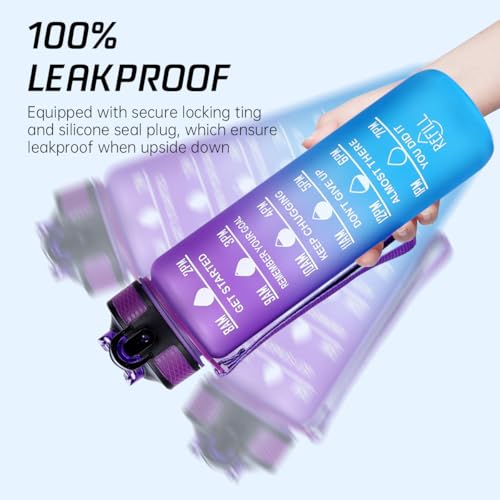 EVVV 35oz/1L Motivational Water Bottle with Time Marker & Encourage Phrase - BPA Free, Leakproof Wide Mouth, Fast Flow Technology, Perfect for Daily Hydration(Purple Blue)