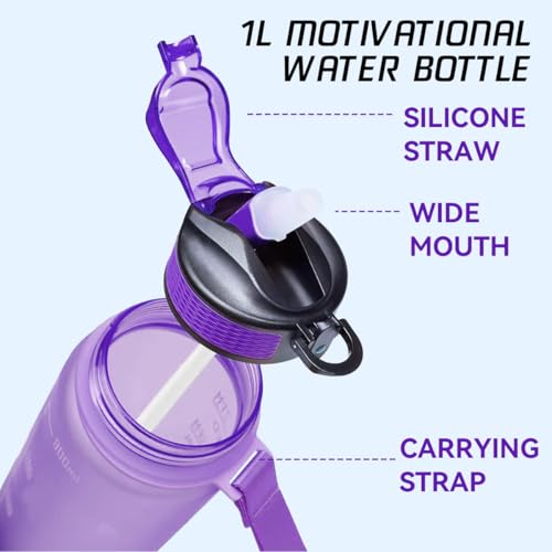 EVVV 35oz/1L Motivational Water Bottle with Time Marker & Encourage Phrase - BPA Free, Leakproof Wide Mouth, Fast Flow Technology, Perfect for Daily Hydration(Purple Blue)