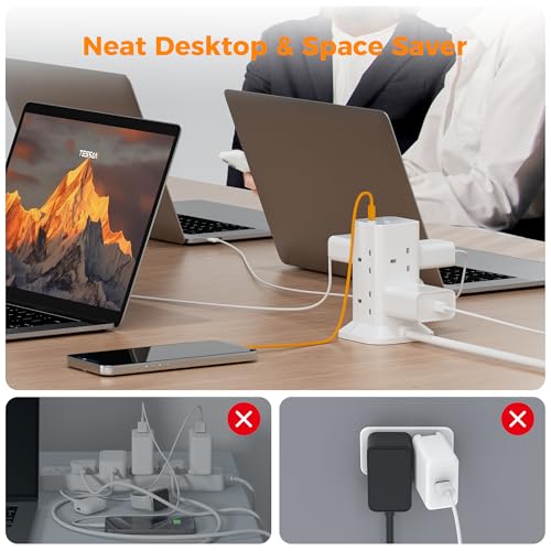TESSAN Tower Extension Lead with USB C Slots, 8 Way Multi Plug Extension Sockets 2M Cord, Surge Protected Extension Lead with Switch, Multi Extension Plug Tower Power Strip for Home, School Supplies