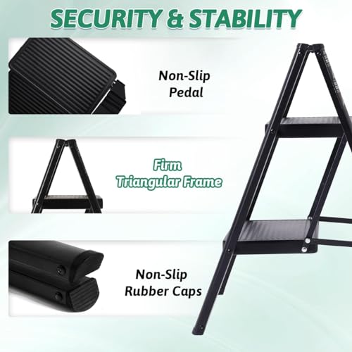 MOMENT 2 Step Ladder Folding Step Stool, Heavy Duty 330 Lbs Load Stepladder, Small Kitchen/Closet Ladder for Adults/Kids, Lightweight Step Ladder with Anti-Slip Wide Pedal for Home, Black