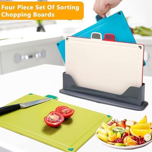 AMERTEER Cutting Board Set, Chopping Board Kitchen with Non-Slip Base & Food Indicators, 4-PCS Silicone Thick Cutting Mats with Storage Stand, Perfect for Fruits & Vegetables, Home and Everyday use