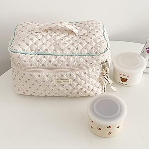 Juoxeepy Cotton Makeup Bag Large Travel Cosmetic Bag Quilted Cosmetic Pouch Coquette Aesthetic Floral Toiletry Bag, A-White, 10x5.9x5.3in