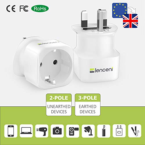 LENCENT 2Pcs EU to UK Plug Adapter, Europe Schuko 2 Pin to 3 Pin UK Travel Adaptor, European Euro to British Adapter- White