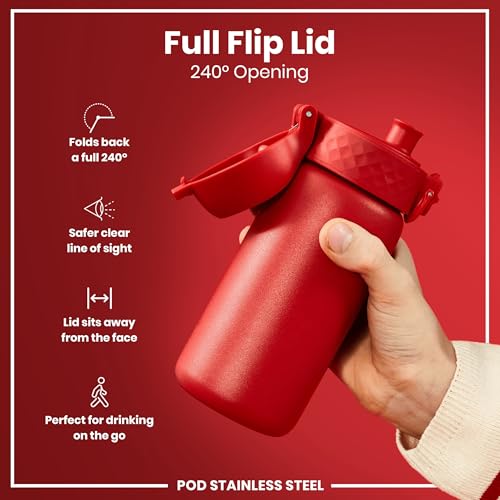 Ion8 Kids Water Bottle, Steel 400 ml/13 oz, Leak Proof, Easy to Open, Secure Lock, Dishwasher Safe, Flip Cover, Carry Handle, Easy Clean, Durable, Metal Water Bottle, Carbon Neutral, Red