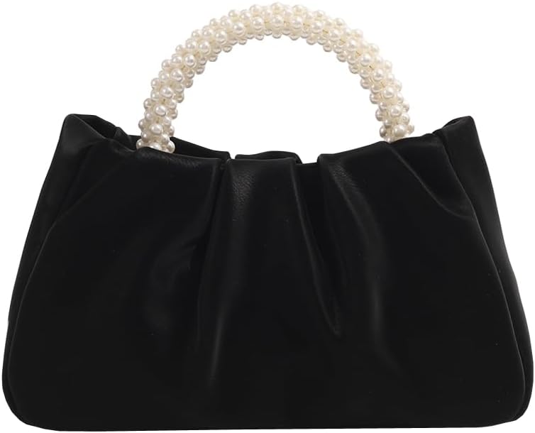 Evening Purse Women Small Pearl Handbags Soft Leather Ruched Bag Wedding Bridal Clutch Party Prom Crossbody Purses - Black