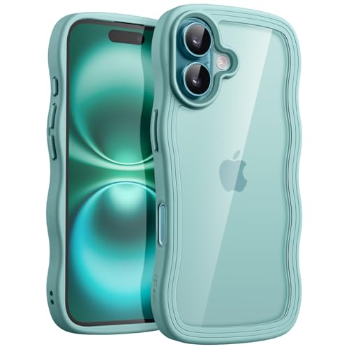 JETech Wavy Case for iPhone 16 6.1-Inch, Cute Wave Frame Curly Shape Shockproof Phone Cover for Women and Girls, Clear Hard PC Back (Teal)
