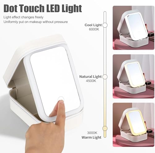 Tufexigo Travel Makeup Case with LED Mirror, Makeup Bag with Lighted Mirror, Cosmetic Train Storage Box, Portable Organizer Vanity Case for Women Beauty Tools Accessories Rechargeable (White)