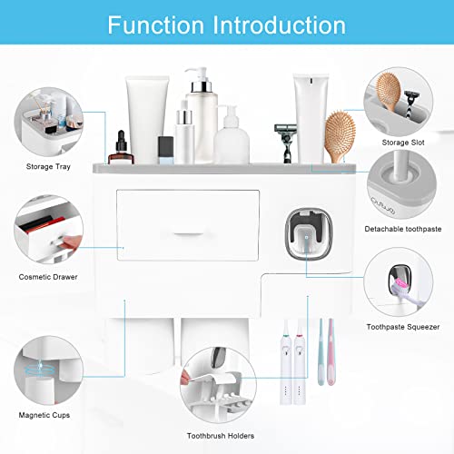 SKY-TOUCH 2 Cups Wall Mounted Toothbrush Holder, Multifunctional Space-Saving Toothbrush and Toothpaste Holder with Drawer for Cosmetics Organizer for Washroom and Bathroom