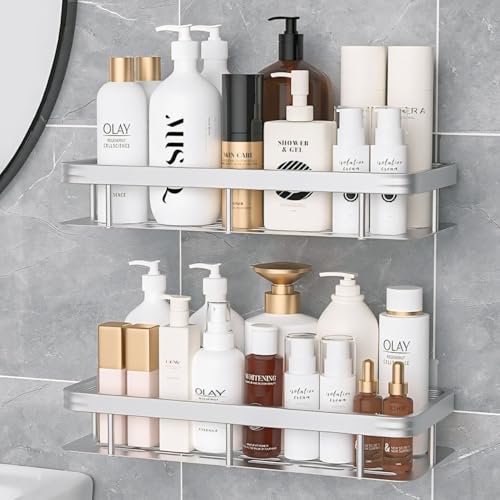 Shower Caddy Silver, Self Adhesive 2 Pack Shower Shelves with Hooks, Bathroom Organizer and Storage, No Drilling Rust Proof Aluminum Shower Racks, Bathroom Accessories