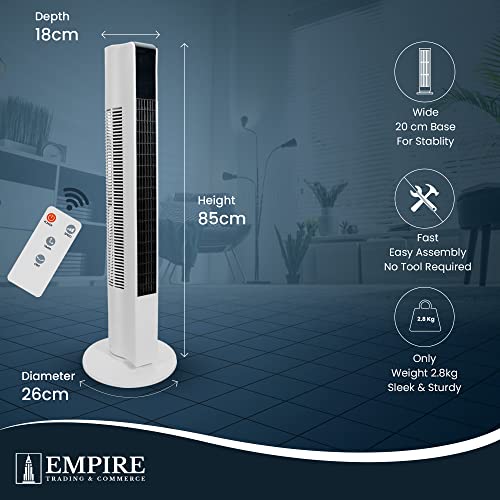 Empire 83cm/33-Inch Tower Fan with LED Display & Remote, 45W Cooling Fan for Bedroom, 3-Speed Oscillating Airflow with Timer – Quiet Operation for Home, Office & Living Room (White)
