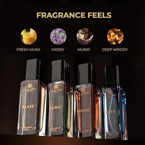 Carlton London Iconic Men Perfume Gift Set | Long-Lasting Woody & Citrusy Fragrances | thoughtful gifts for men | Defy, Rogue, Blaze & Runic EDP (4x20ml) | perfume for men.