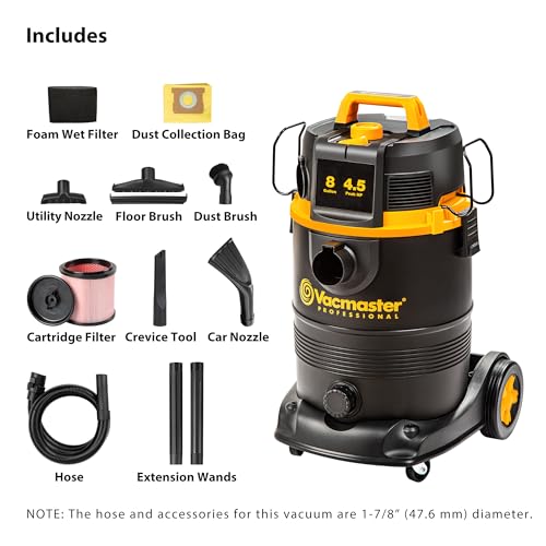 Vacmaster Professional VDK811PW 0201 8 Gallon 4.5 Peak HP Wet/Dry Vac with Self-Cleaning Filter System, 8 Gal, Black