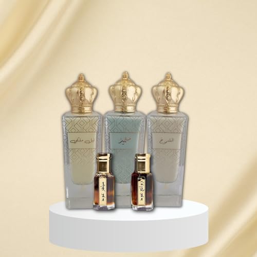 aabak al sahraa ??? ??????? Non- coholic Perfumes and Tola Set of 5 - Leil Malaki, Mutamayez, Shoumoukh, Silver Oud Tola and Rawae' Oud Tola - Luxury Fragrances for both Men and Women