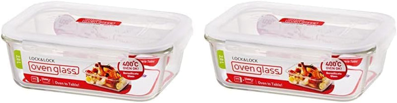 Lock & Lock LocknLock LLG455, Oven Safe, BPA Free, 100% Airtight, Food Storage Container with Lid, Clear, W 24.8 x H 17.6 L 10.8 cm, 8.45-cup, Rectangular, Borosilicate Glass - Clear (2L) FR (Pack of 2)