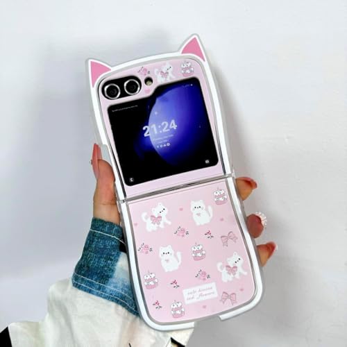 Cat Ears Case for Galaxy Z Flip 6, Azonee Kawaii Cute Cartoon TPU Cover, Soft & Creative Kitty Design, Pink Girly Fun Case for Girl