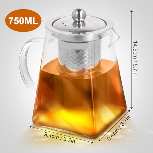 YILANJIN Glass Teapot, 750 ml Square Glass Teapot with Removable Infuser, Borosilicate Glass Teapot, Stovetop Safe Tea Maker, Perfect for Tea, Flowering Tea, Herbal Tea and Coffee