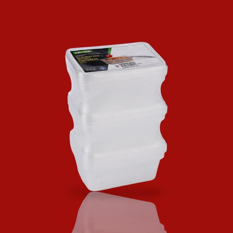Packwell Clear Microwave Container Rectangle 750ml with Lid 15 Pcs (5PC x 3 Packs)