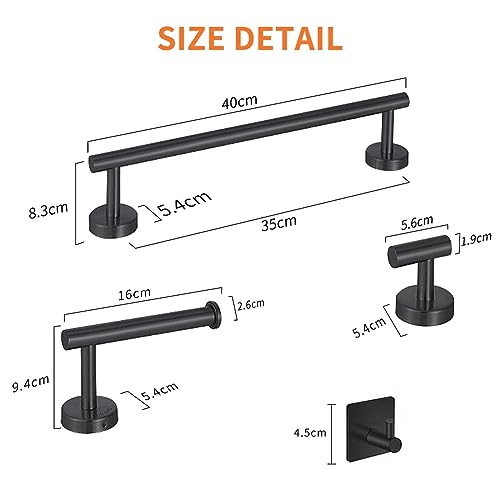 DERANQIIUA Bathroom Hardware Set, Wall Mounted Towel Rail, 5 Pieces Brushed Nickel Bathroom Accessories Set, Stainless Steel Toilet Roll Holder And Hooks (black1)