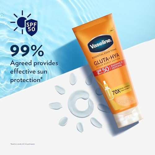 Vaseline Gluta-Hya Serum Burst Lotion, Radiance Defense, SPF 50 PA+++, with GlutaGlow Technology, Hyaluronic Acid and UVA/UVB Filters, 70x More Powerful than Vitamin C, 180ml