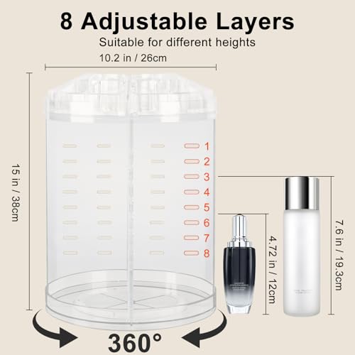 AMEITECH Makeup organizer, 360 degree rotating adjustable cosmetic storage display case with 8 layers large capacity, fits jewelry,makeup brushes, lipsticks and more, clear transparent