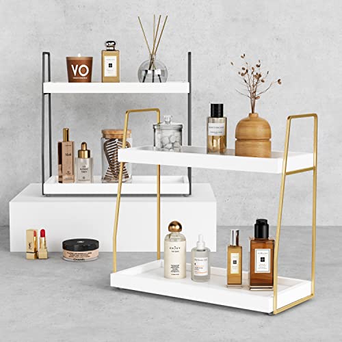 Forbena Bathroom Organizer Countertop, Counter Organizer for Bathroom Decor, Wooden Sink Shelf for Vanity Storage, Makeup Tray for Perfume Skincare Bedroom Kitchen Corner (2 Tier, White and Gold)