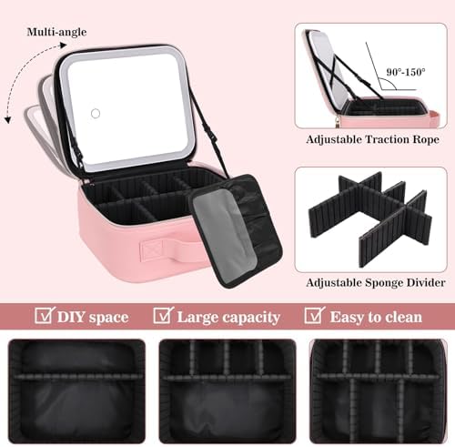 MOMENT Makeup bag with LED mirror, Travel Makeup Bag 3 Adjustable Brightness LED makeup bag with mirror and Dividers suitable for your Jewelry, Essential oil,Toiletries storage and makeup daily Pink