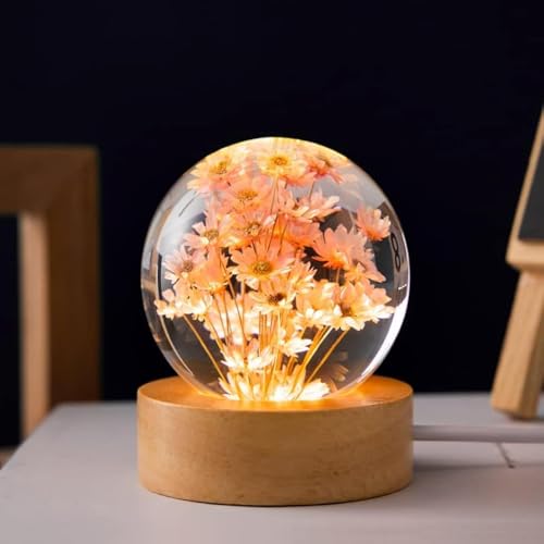 MARZIUS Flower Crystal Ball Night Light,2.4 inch Glass Ball Night Lamp with Woodern Base,Decorations Gifts for Men,Women,Kids,Boys,Girls,Teens (Red Daisy)