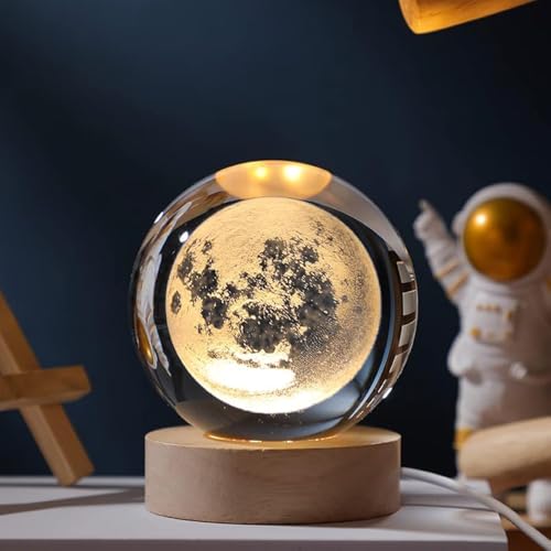 EETU Crystal Glass Ball Night Light,3D Solar System Nightlight Wooden LED Display Base Stand Home Decor Birthday Gifts Decorations Lamp Funny Table Lamp Warm Light for Kids (Moon)