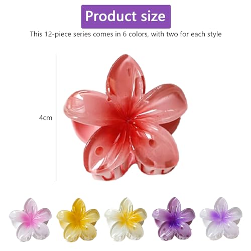 nalaina 12PCS Floral Hair Claws with Non-Slip Hold, Hawaiian Plumeria Claw Clips for Women & Girls, Summer Beach Hair Accessories for Women, Casual Outfits & Gift (6 Colors, 4x4x4cm)