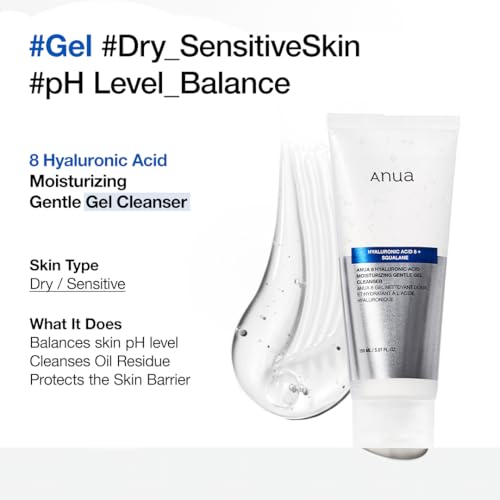 ANUA Moisturizing Gentle Gel Cleanser, for daily hydrating foaming gel face wash, exfoliating with Hyaluronic Acid+Squalane, cleanser for combination skin, Korean Skincare (150ml/5.07fl oz.)