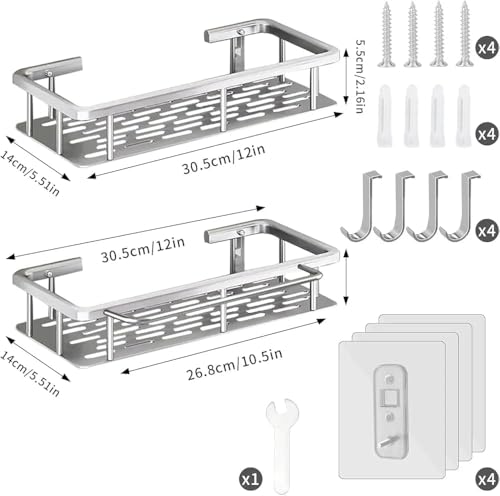 Shower Caddy Silver, Self Adhesive 2 Pack Shower Shelves with Hooks, Bathroom Organizer and Storage, No Drilling Rust Proof Aluminum Shower Racks, Bathroom Accessories