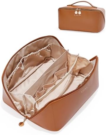 EACHY Travel Makeup Bag,Large Capacity Cosmetic Bags for Women,Waterproof Portable Pouch Open Flat Toiletry Bag Make up Organizer with Divider and Handle