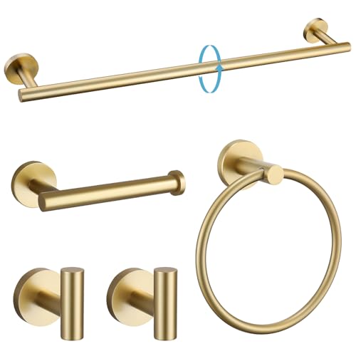 TURS Brushed Gold 5 Piece Bathroom Hardware Set, SUS304 Stainless Steel 24 Inch Bath Towel Bar Set, Round Bathroom Accessories Set Wall Mounted