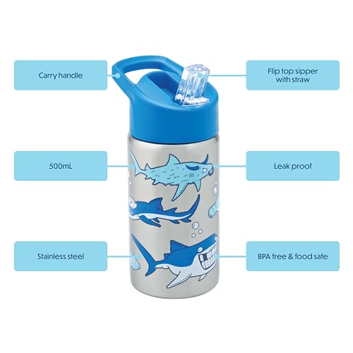Smash Stainless Steel Drink Bottle with Flip Top Lid and Straw - Shark 500ml