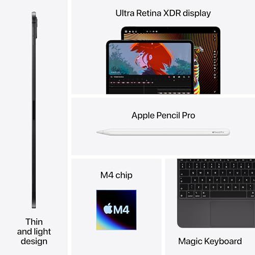 Apple iPad Pro 11-inch (M4): Ultra Retina XDR display, 256GB, Landscape 12MP Front Camera/12MP Back Camera, LiDAR scanner, Wi-Fi 6E, Face ID, All-Day Battery Life, Standard glass - Silver (Renewed)
