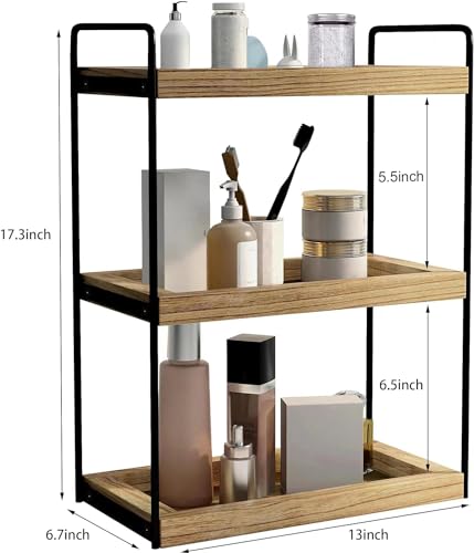 U-HOOME 3 Tier Bathroom Countertop Organizer,Wood Bathroom Vanity Organizer Shelf Storage,Bathroom Trays for Counter,Perfume Skincare Organizer Cosmetic Holder Kitchen Spice Rack (3 TIER)