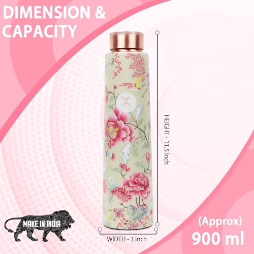 MERCAPE® - 100% Pure Joint Less Copper Bottles for Water with Leak Proof Lid | Ayurveda BPA Free & Non Toxic | Ayurvedic Office | Flower Print Bottle | Hiking Treking Bottle - 900ml