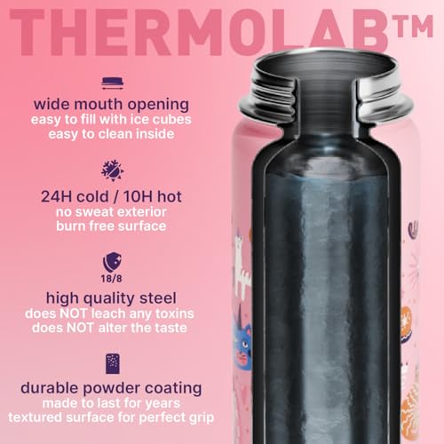 BEOLA 550ml Kids Water Bottle 18/8 Stainless Steel Double Wall Insulated Thermos Bottle with Straw Lid and Wide Mouth, Hot Cold Liquids Sports School Bottle (19oz, Unicat Magic)
